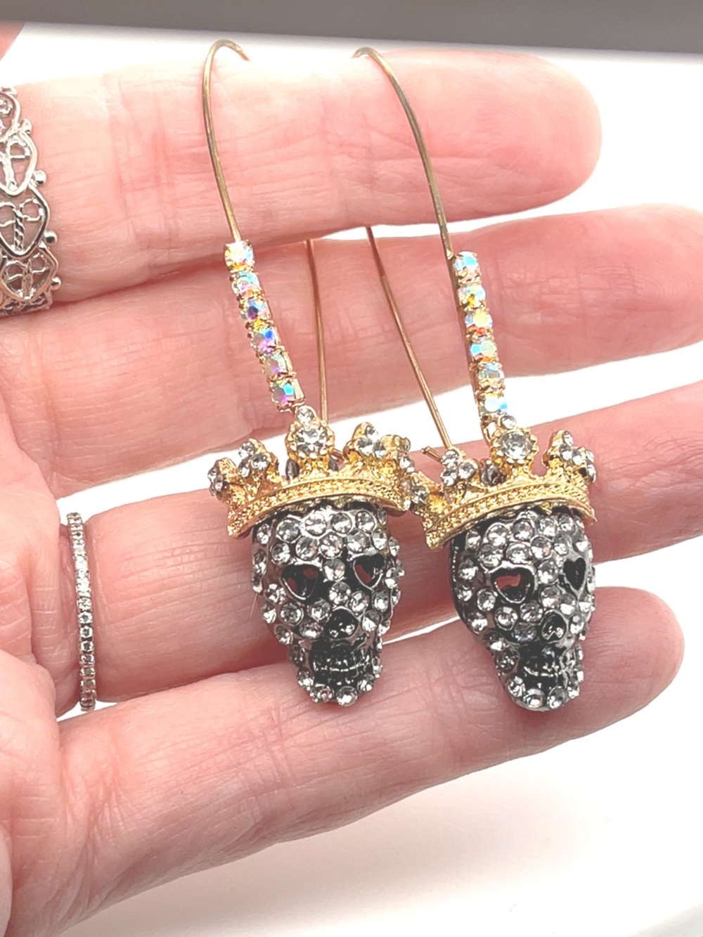 Betsey Johnson pave' skull drop earrings - Picture 3 of 7